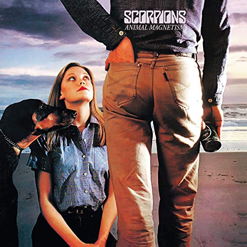 Scorpions album cover: couple with dog on a beach, sunset background.