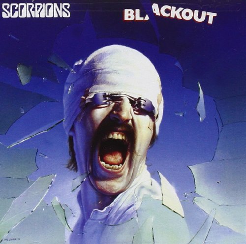 Scorpions "Blackout" album cover: man with shattered glass and sunglasses.
