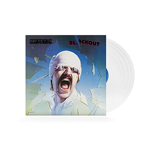 Scorpions Blackout album cover featuring a man behind broken glass with a white vinyl.
