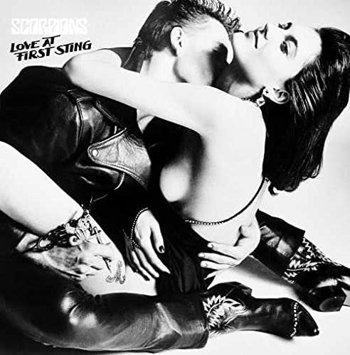 Black and white album cover of couple embracing, Scorpions' "Love At First Sting".