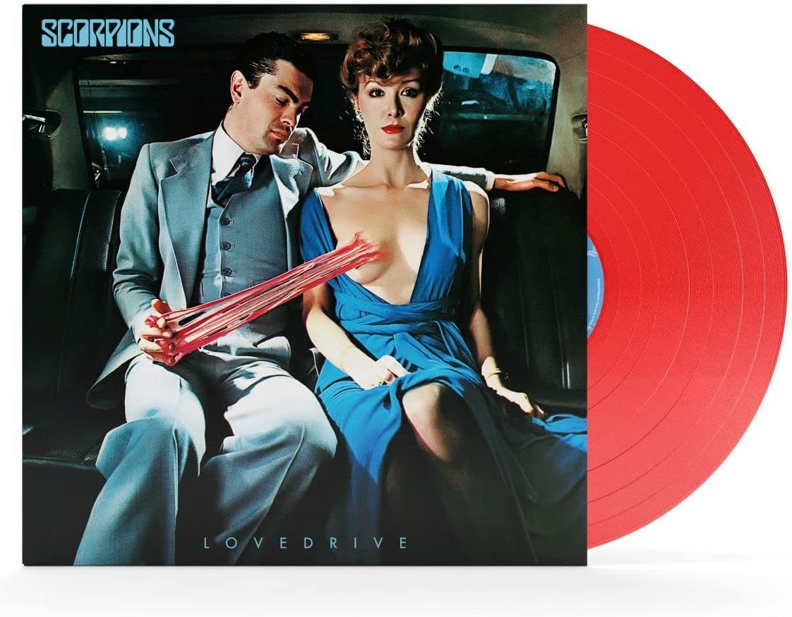 Scorpions Lovedrive album cover with a man and woman in a car and vinyl.