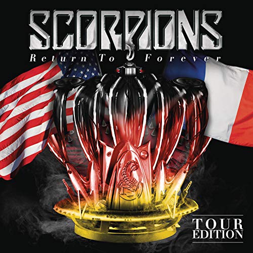 Scorpions album cover with flags and a fiery, metallic sculpture.