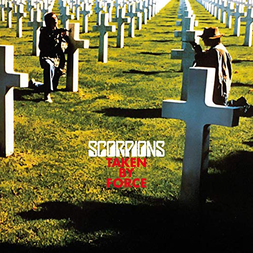 Scorpions "Taken by Force" album cover: figures among cemetery crosses.