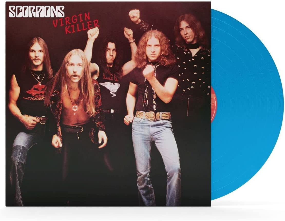 Scorpions Virgin Killer album cover with five band members next to a blue vinyl.