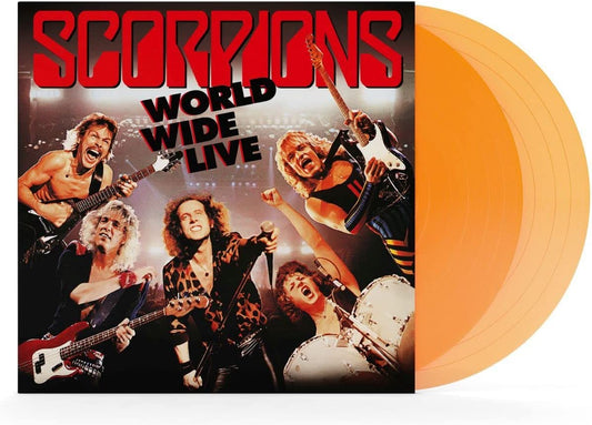 Scorpions World Wide Live album cover with two orange vinyl records.