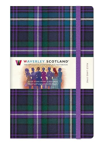 Purple and green tartan notebook with a band and illustrated label.