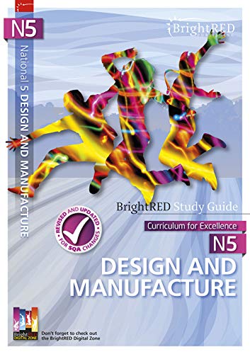 Bright red study guide for National 5 Design and Manufacture, with colorful figures.