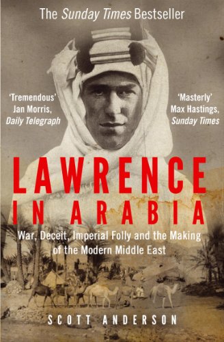 Book cover featuring a portrait of T.E. Lawrence over a desert scene with camels.