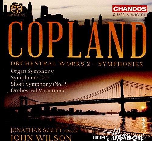 CD cover for Copland Orchestral Works 2 featuring a sunset city skyline and bridge.