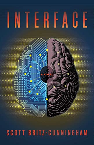 Book cover: "Interface" depicts a brain half-circuit board, half-organic.