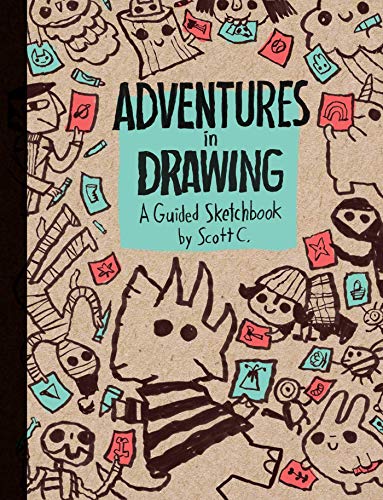 Sketchbook cover with hand-drawn illustrations of characters and art supplies.