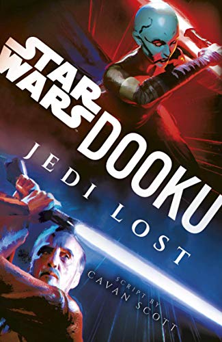 Book cover featuring Count Dooku with a red lightsaber, title "Dooku: Jedi Lost".