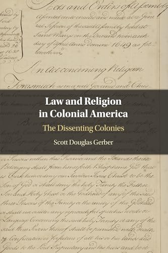 Book cover: "Law and Religion in Colonial America" with aged parchment background.