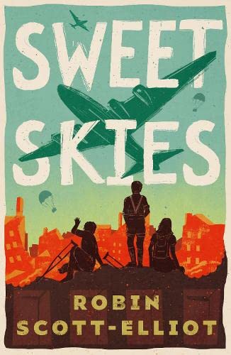 Book cover showing three children silhouetted against a burning city with airplanes overhead.