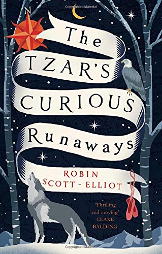 Book cover: forest, wolf, eagle, ribbon, and ballet shoes illustration.