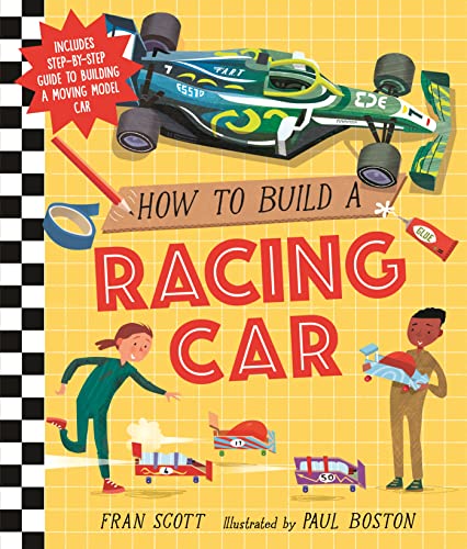 Book cover: "How to Build a Racing Car" with illustrated car and children.