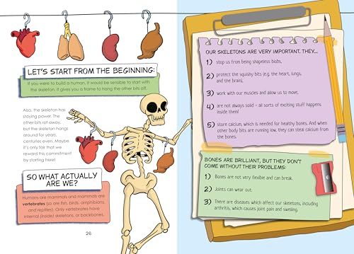 Open book page illustrating human anatomy with a cartoon skeleton and organs.