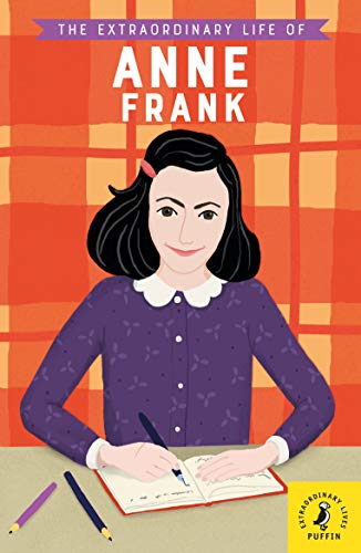 Illustrated book cover showing Anne Frank writing in a diary against a plaid background.