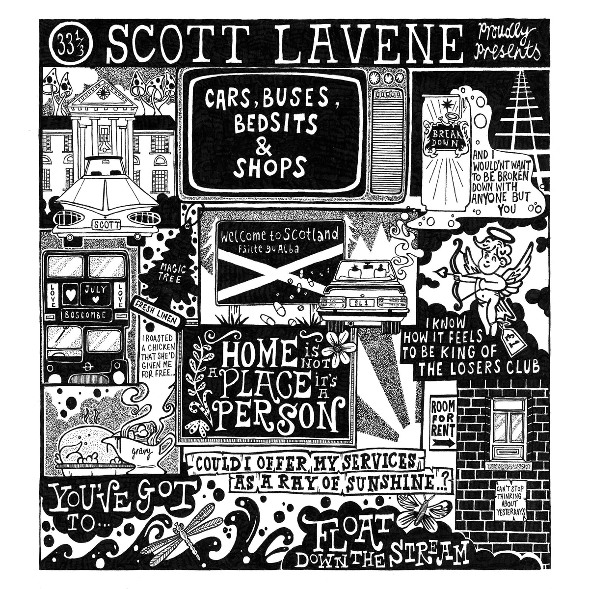 Black and white illustrated vinyl record cover for Scott Lavene’s “Cars, Buses, Bedsits & Shops.”