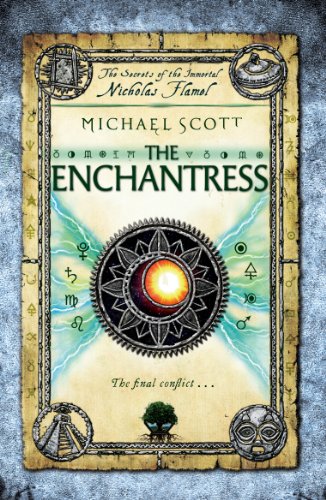"The Enchantress" book cover with ornate border, symbols, and central glowing emblem on parchment.