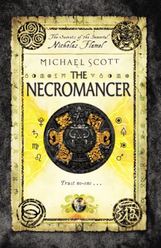 Book cover for The Necromancer by Michael Scott featuring a central ancient stone medallion.