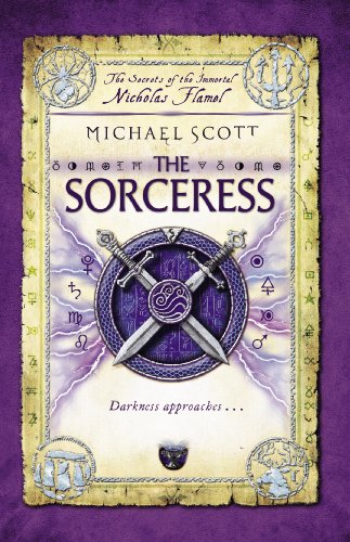 Book cover: “The Sorceress” with swords, a shield, and purple background.