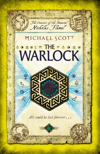 Book cover for The Warlock by Michael Scott featuring a central hexagonal maze design.