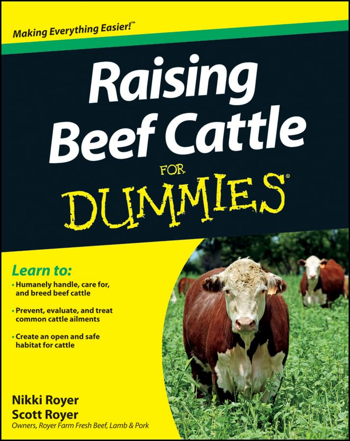 Book cover of Raising Beef Cattle for Dummies featuring a cow in a pasture.