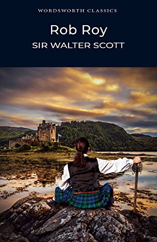 Book cover showing a person in a kilt holding a sword before a castle.