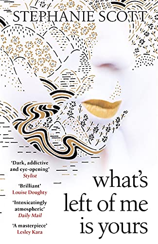 Book cover with abstract gold and black design over a blurred face.