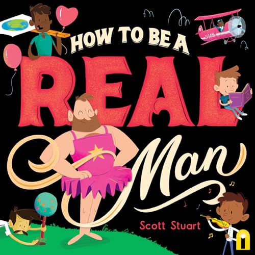 Book cover illustration featuring a bearded man in a pink tutu surrounded by children.
