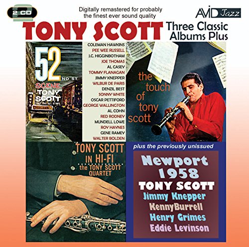 CD cover art featuring Tony Scott playing clarinet, with text listing his classic albums.