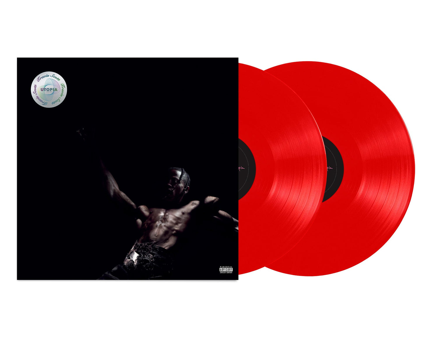 Travis Scott's "Utopia" double vinyl record in red, with album cover art.
