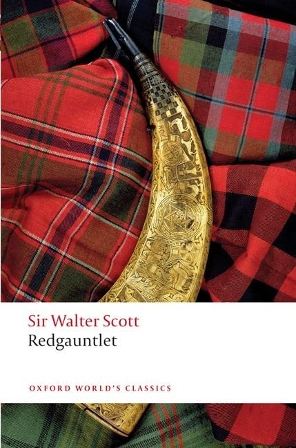 Book cover: “Redgauntlet” with a detailed, ornate hunting horn on tartan.