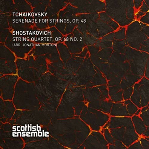 Dark cracked surface with fiery veins, text listing Tchaikovsky and Shostakovich compositions, Scottish Ensemble logo.