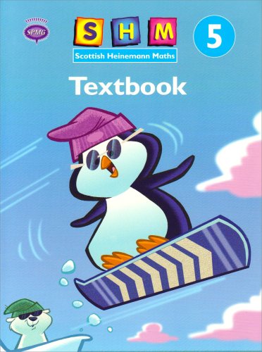 Textbook cover: cartoon penguin snowboarding, with "Scottish Heinemann Maths 5" title.