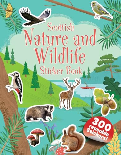 Sticker book cover featuring Scottish wildlife: deer, badger, birds, and squirrel.