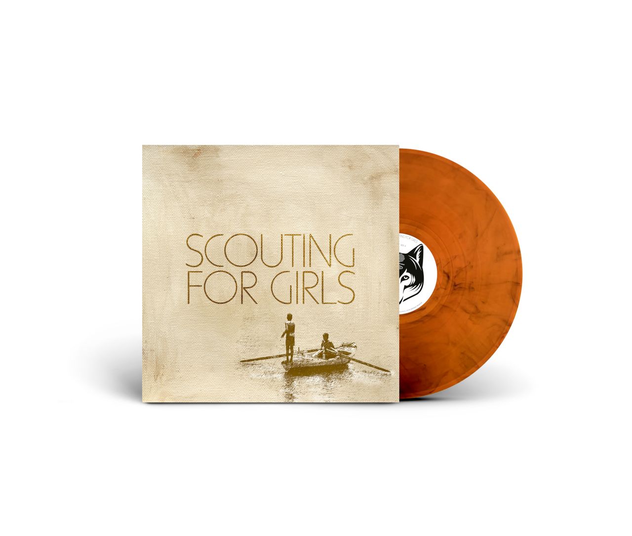 Orange vinyl record with sepia-toned cover featuring two people on a boat.