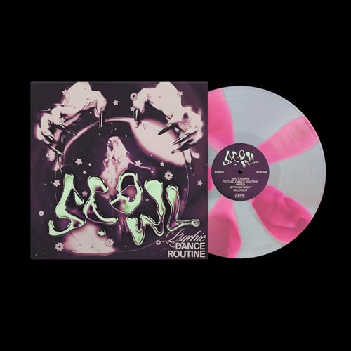 Vinyl record with glowing green and purple cover art, and pink swirl pattern.