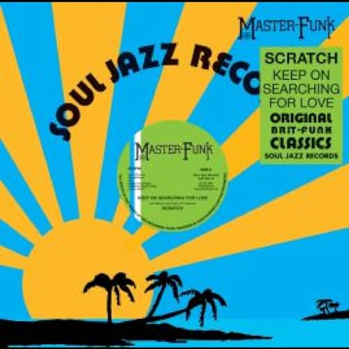 Vinyl record with a bright yellow and blue sunburst and palm trees.