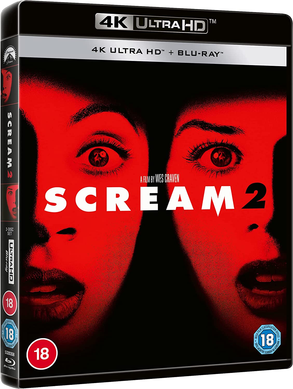 Scream 2 4K Ultra HD and Blu-ray cover featuring two terrified faces in red.