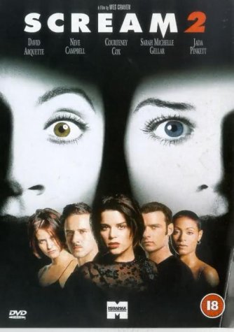 Scream 2" DVD cover with frightened eyes and cast photos below.