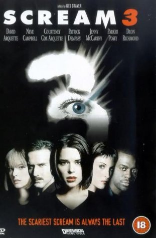 Scream 3 DVD cover with a ghostly face and cast portraits below.