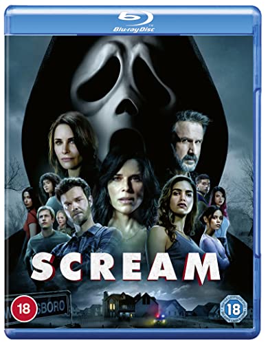 Scream" Blu-ray cover featuring Ghostface and a group of frightened people.
