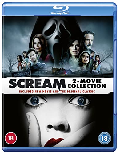 Scream" Blu-ray cover featuring Ghostface and cast portraits, with a distressed eye image.