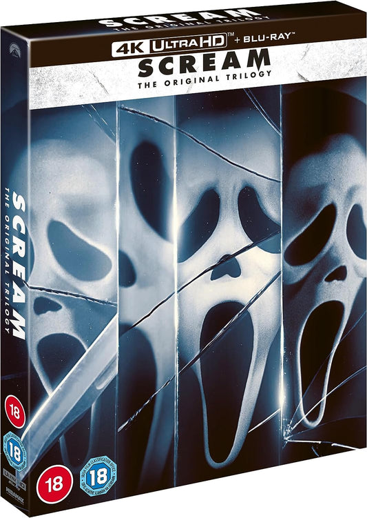 “Scream” Blu-ray case featuring Ghostface mask with cracked glass effect.