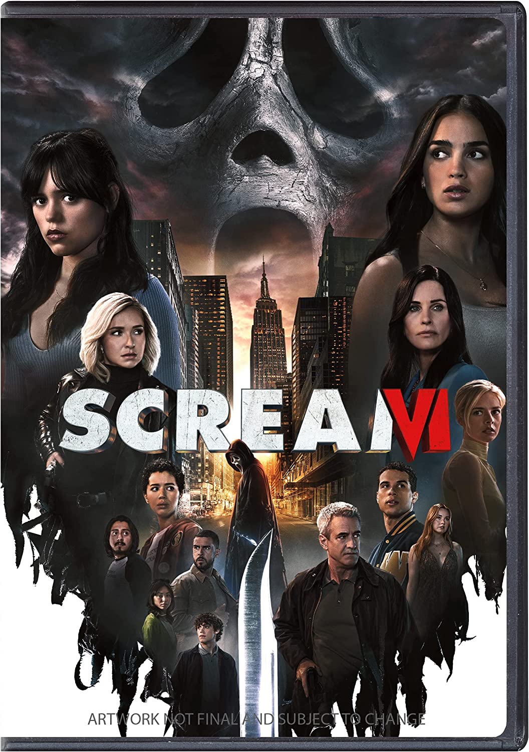 "Scream VI DVD cover featuring characters and a skull, with cityscape background."