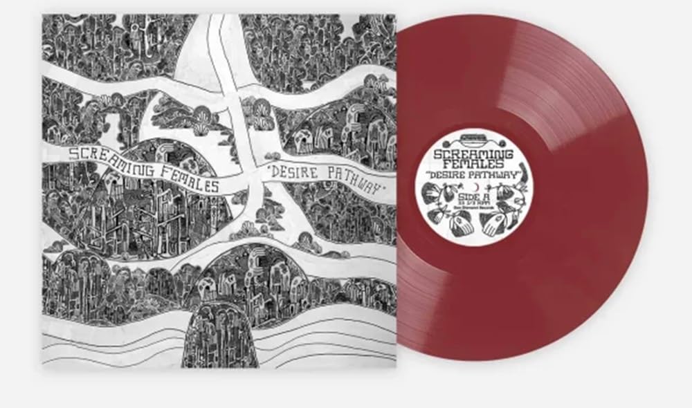 Red vinyl record of Screaming Females’ “Desire Pathway” with illustrated cover.