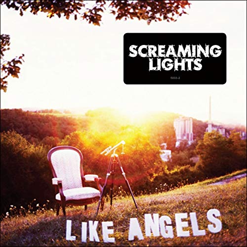 CD cover with landscape, chair, microphone, and text "Screaming Lights" and "Like Angels".