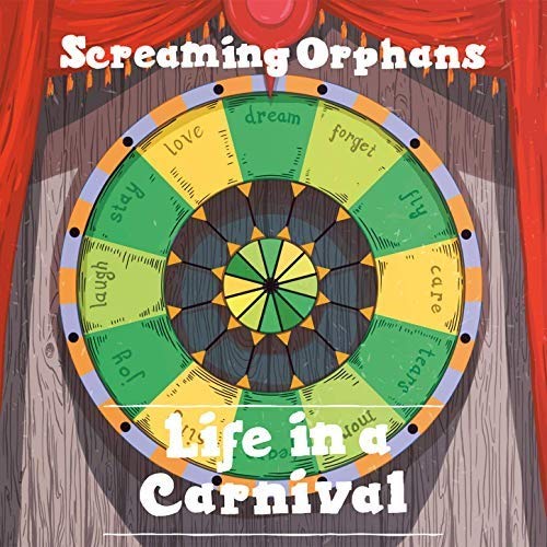 Album cover with a colorful wheel of fortune on a wooden stage with red curtains.